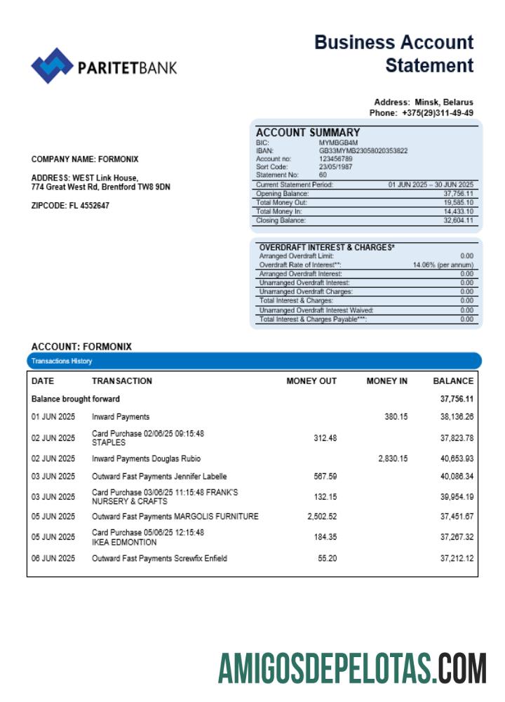Extrato de conta da empresa Paritet Bank em formato Word e PDF